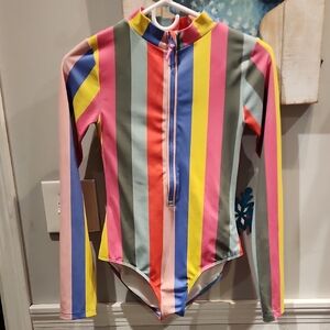 Mini Boden Pink and White Striped Rash Guard Zipper Front 13-14Y Swimsuit